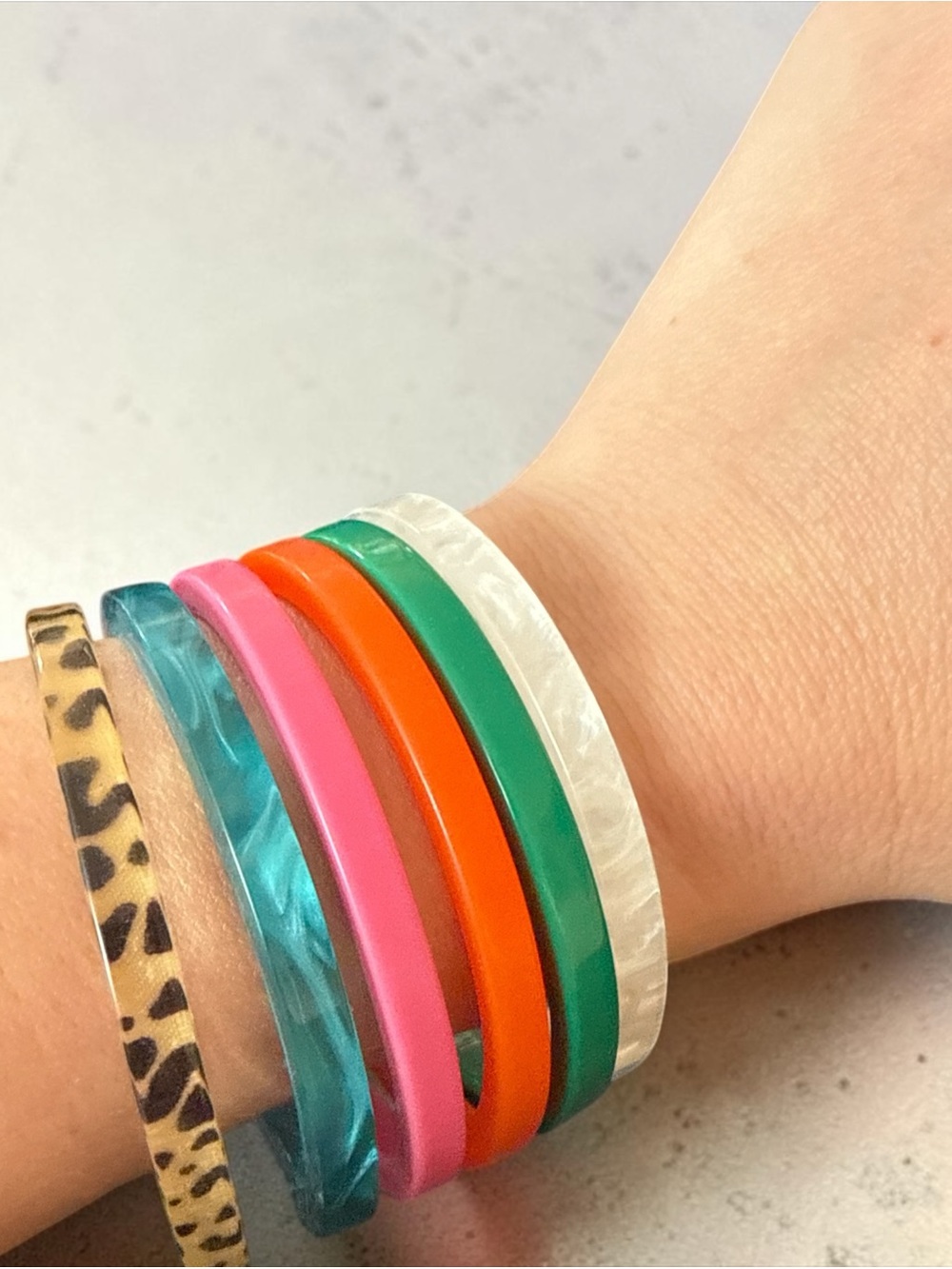 Plunder Neon Orange Pink Green Mixed Stackable Bracelets with Leopard Accent - Picture 2 of 3